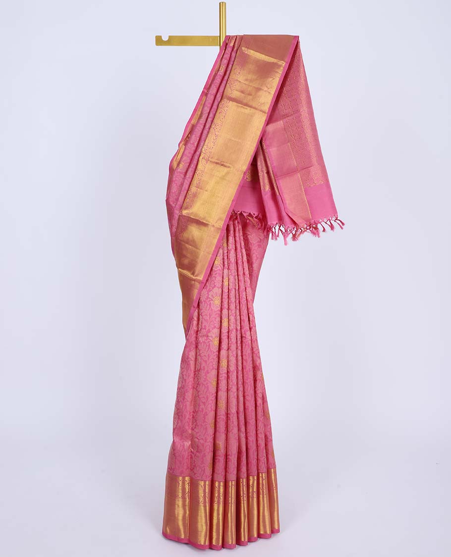 Pink floral vine design silksaree with zari buttas,  getti zari border of mayil designs & intricate pallu