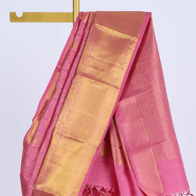 Pink floral vine design silksaree with zari buttas,  getti zari border of mayil designs & intricate pallu
