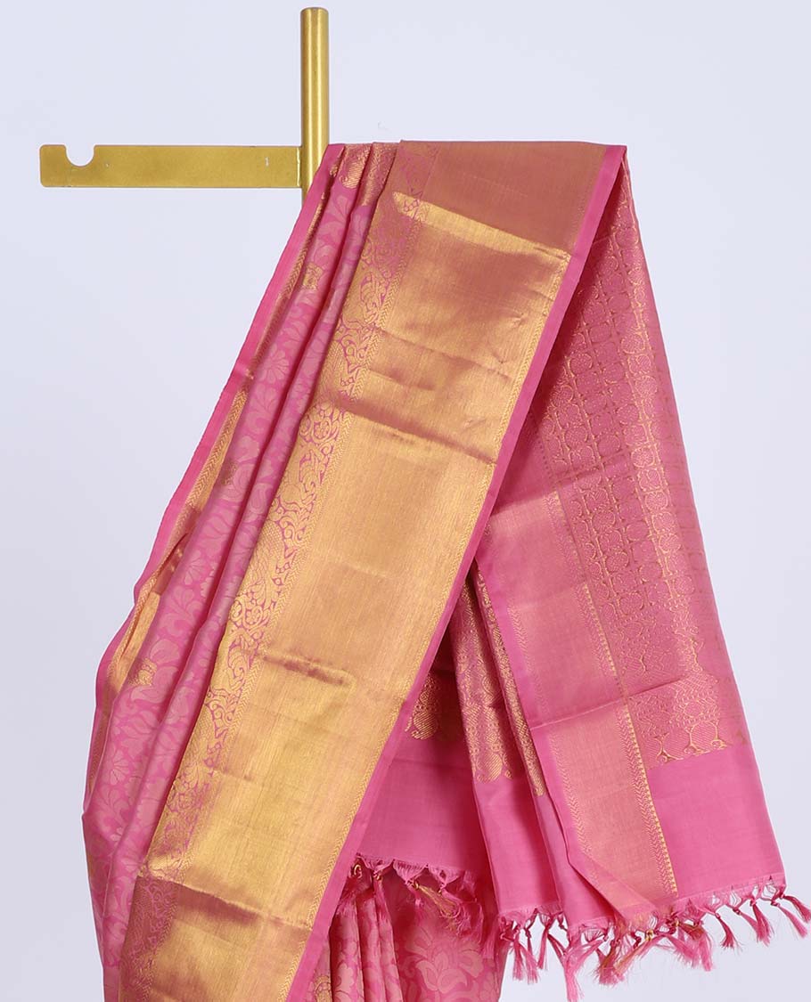 Pink floral vine design silksaree with zari buttas,  getti zari border of mayil designs & intricate pallu