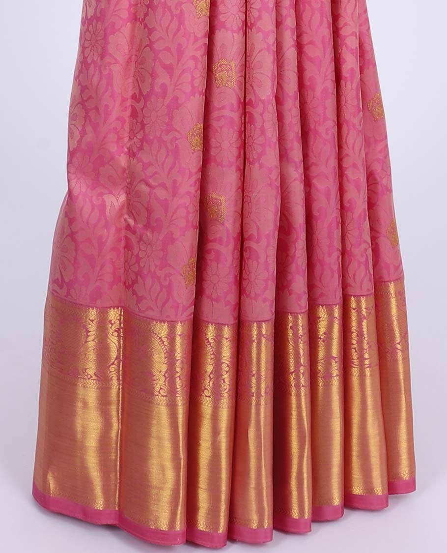 Pink floral vine design silksaree with zari buttas,  getti zari border of mayil designs & intricate pallu