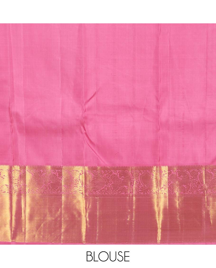 Pink floral vine design silksaree with zari buttas,  getti zari border of mayil designs & intricate pallu