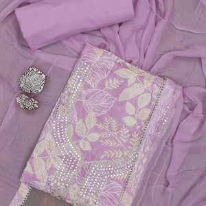 Purple material chudidhar set, floral vine print & embroidery top, plain bottom & solid dupatta