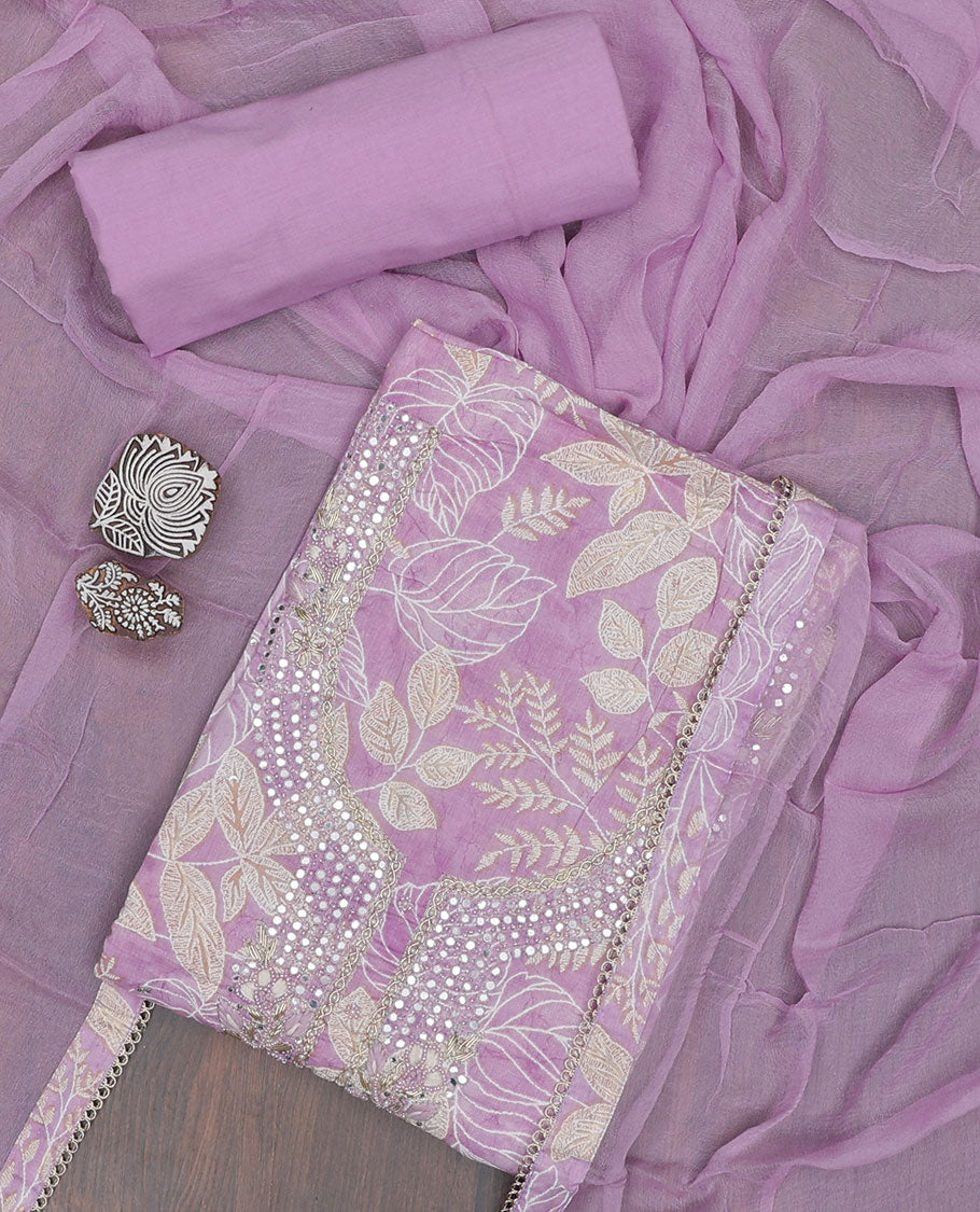 Purple material chudidhar set, floral vine print & embroidery top, plain bottom & solid dupatta