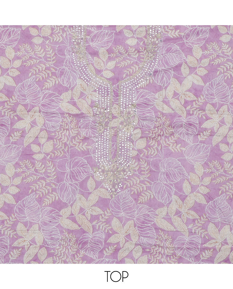 Purple material chudidhar set, floral vine print & embroidery top, plain bottom & solid dupatta