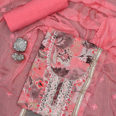 Multi-color material chudidhar set,floral print & embroidery top,plain bottom & floral design sequin embroidered dupatta