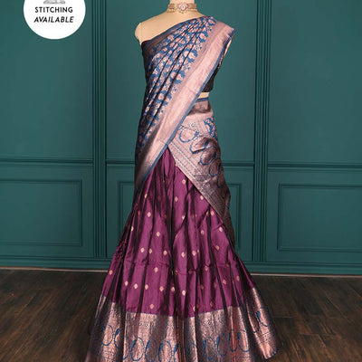 Purple zari buttas artsilk halfsaree,contrast traditional design stonework border, blouse & dhavani of jaal designs