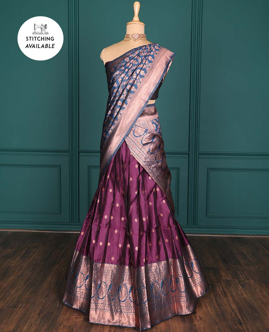 Purple zari buttas artsilk halfsaree,contrast traditional design stonework border, blouse & dhavani of jaal designs
