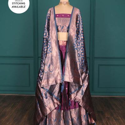 Purple zari buttas artsilk halfsaree,contrast traditional design stonework border, blouse & dhavani of jaal designs