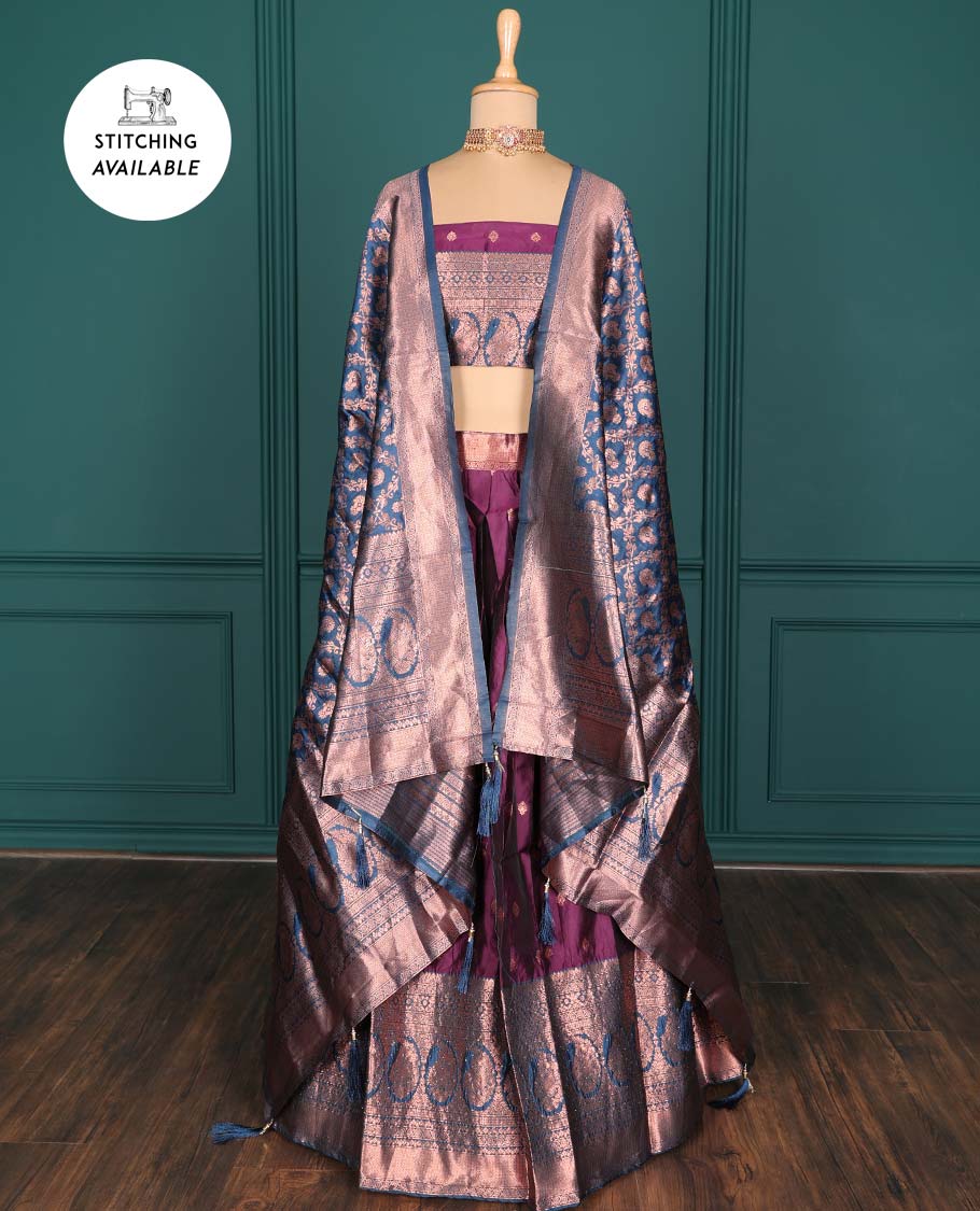 Purple zari buttas artsilk halfsaree,contrast traditional design stonework border, blouse & dhavani of jaal designs