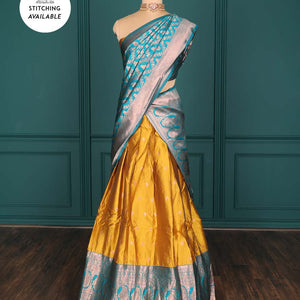 Purple zari buttas artsilk halfsaree,contrast traditional design stonework border, blouse & dhavani of jaal designs