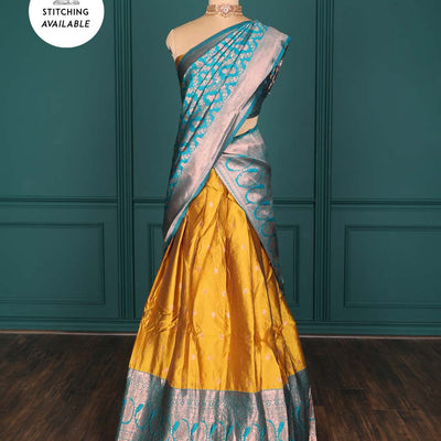 Purple zari buttas artsilk halfsaree,contrast traditional design stonework border, blouse & dhavani of jaal designs