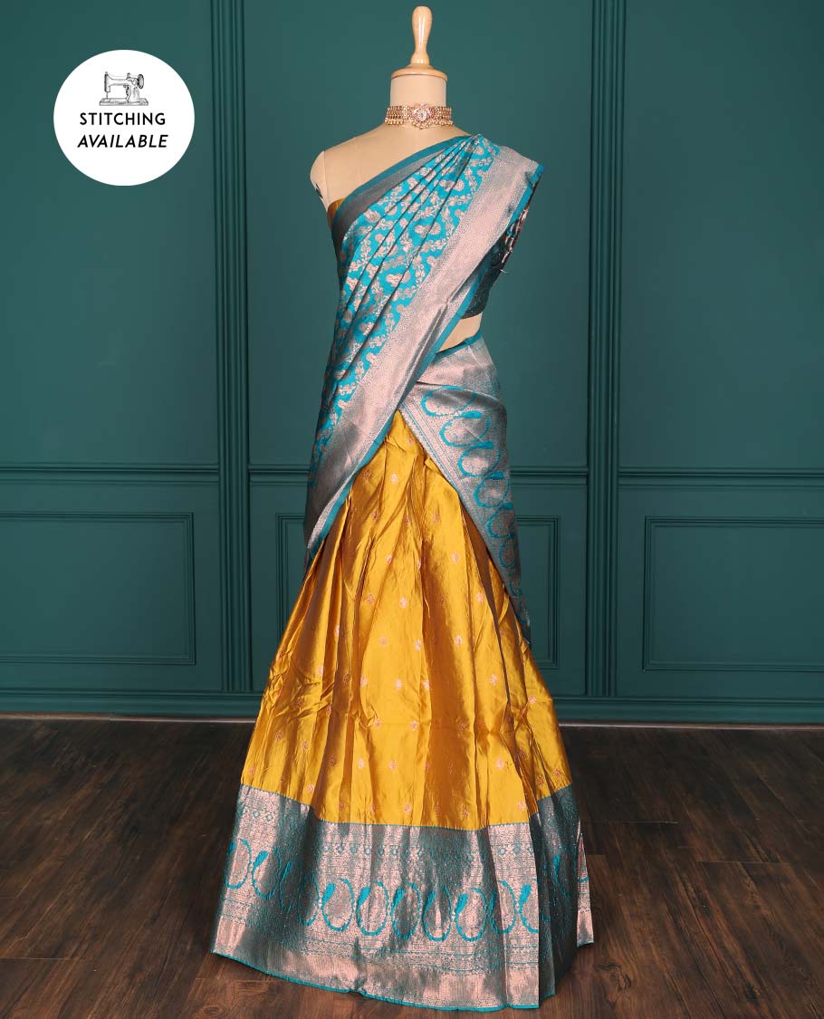 Purple zari buttas artsilk halfsaree,contrast traditional design stonework border, blouse & dhavani of jaal designs