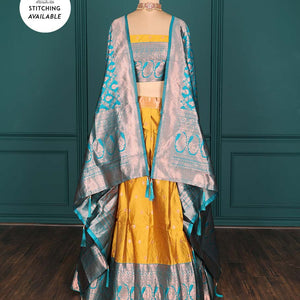 Purple zari buttas artsilk halfsaree,contrast traditional design stonework border, blouse & dhavani of jaal designs
