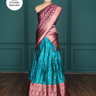 Purple zari buttas artsilk halfsaree,contrast traditional design stonework border, blouse & dhavani of jaal designs