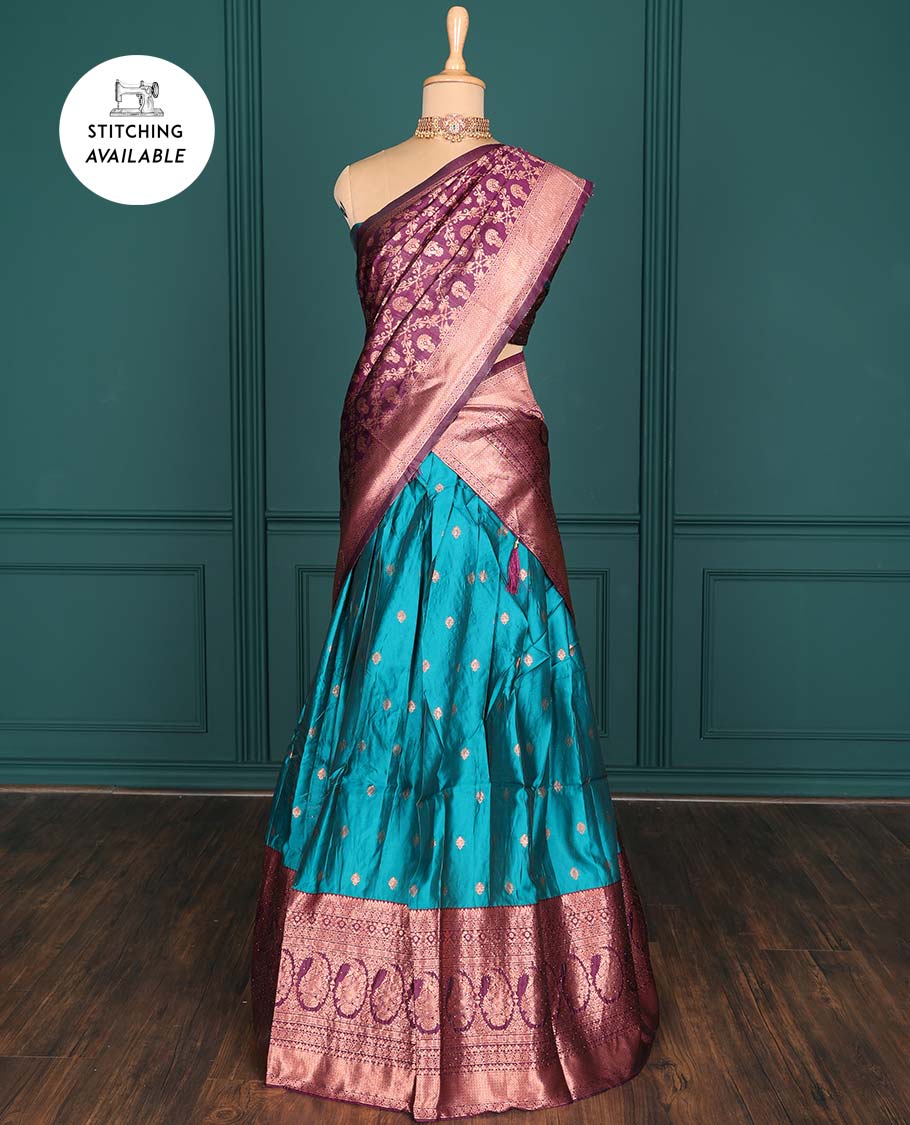 Purple zari buttas artsilk halfsaree,contrast traditional design stonework border, blouse & dhavani of jaal designs