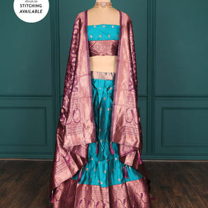 Purple zari buttas artsilk halfsaree,contrast traditional design stonework border, blouse & dhavani of jaal designs
