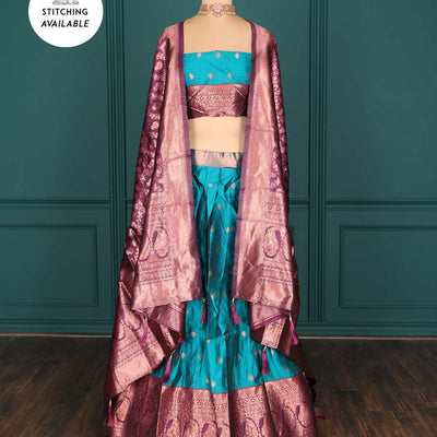 Purple zari buttas artsilk halfsaree,contrast traditional design stonework border, blouse & dhavani of jaal designs