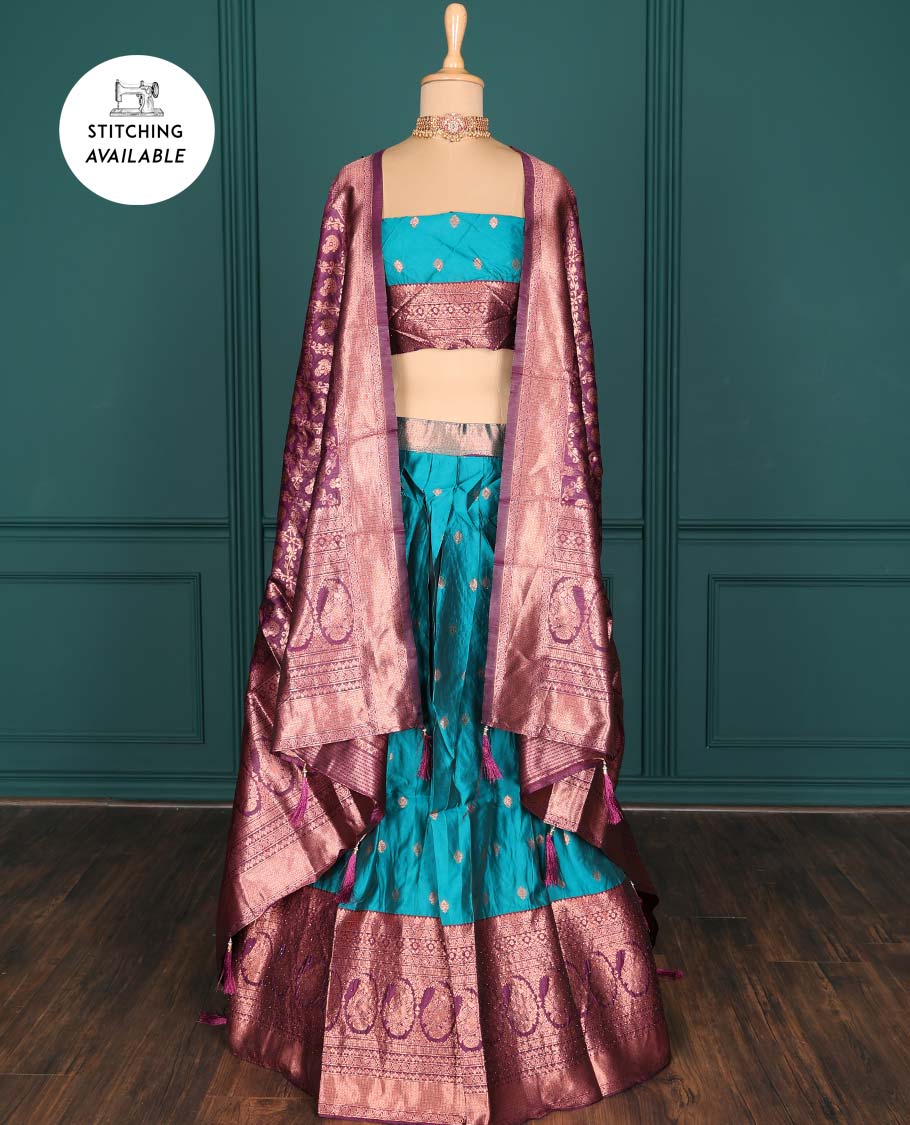 Purple zari buttas artsilk halfsaree,contrast traditional design stonework border, blouse & dhavani of jaal designs
