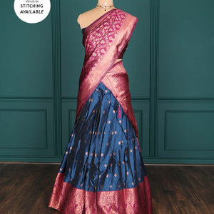 Purple zari buttas artsilk halfsaree,contrast traditional design stonework border, blouse & dhavani of jaal designs