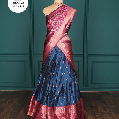 Purple zari buttas artsilk halfsaree,contrast traditional design stonework border, blouse & dhavani of jaal designs