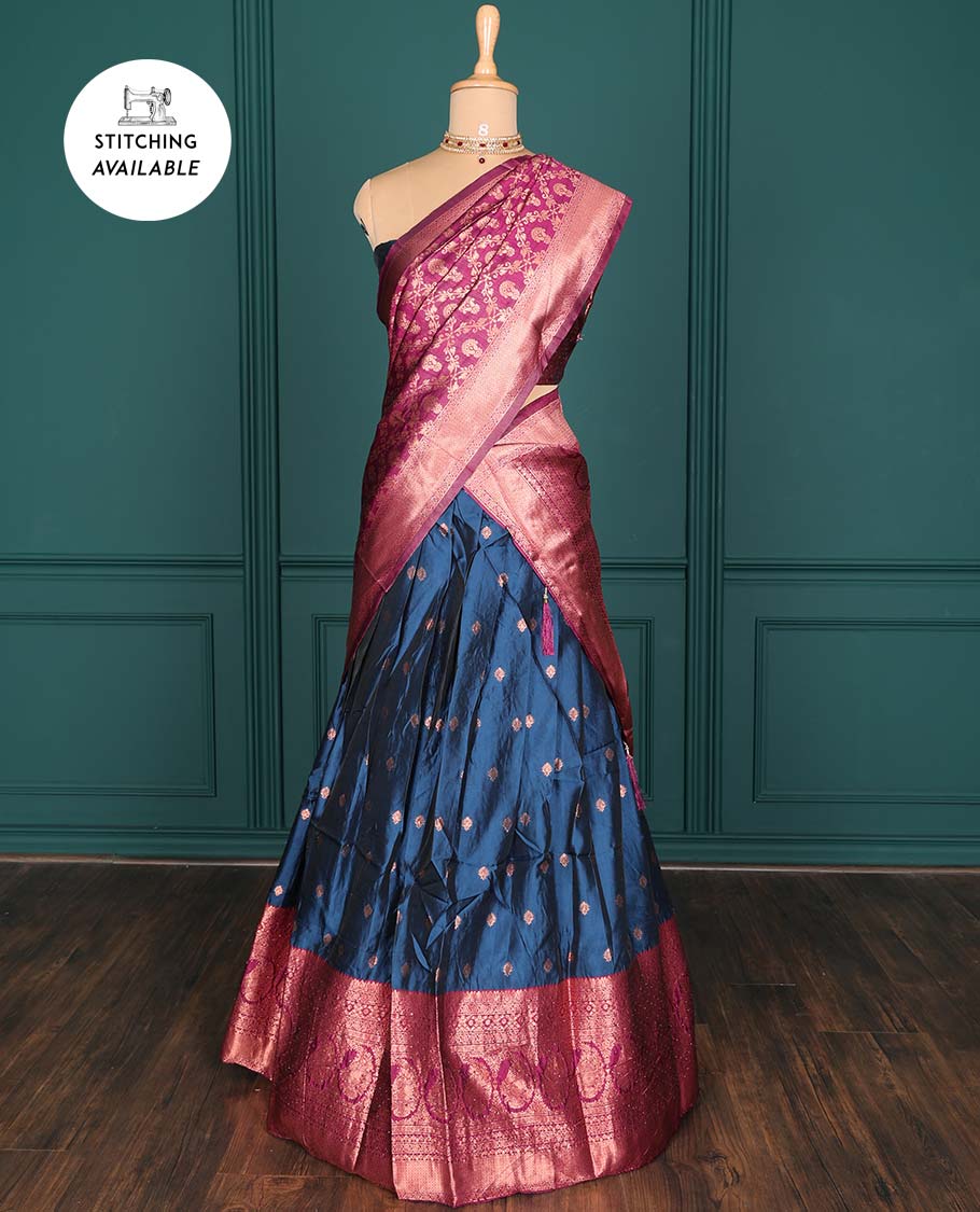 Purple zari buttas artsilk halfsaree,contrast traditional design stonework border, blouse & dhavani of jaal designs