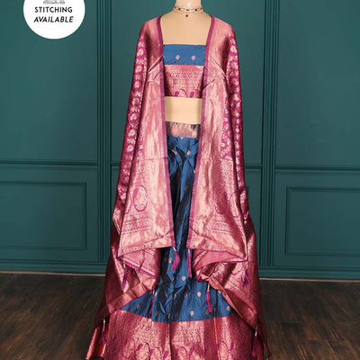 Purple zari buttas artsilk halfsaree,contrast traditional design stonework border, blouse & dhavani of jaal designs