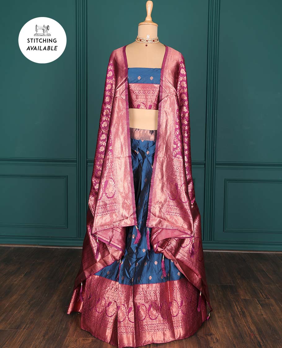 Purple zari buttas artsilk halfsaree,contrast traditional design stonework border, blouse & dhavani of jaal designs