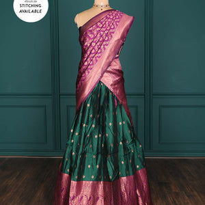 Purple zari buttas artsilk halfsaree,contrast traditional design stonework border, blouse & dhavani of jaal designs