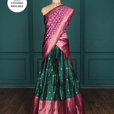 Purple zari buttas artsilk halfsaree,contrast traditional design stonework border, blouse & dhavani of jaal designs