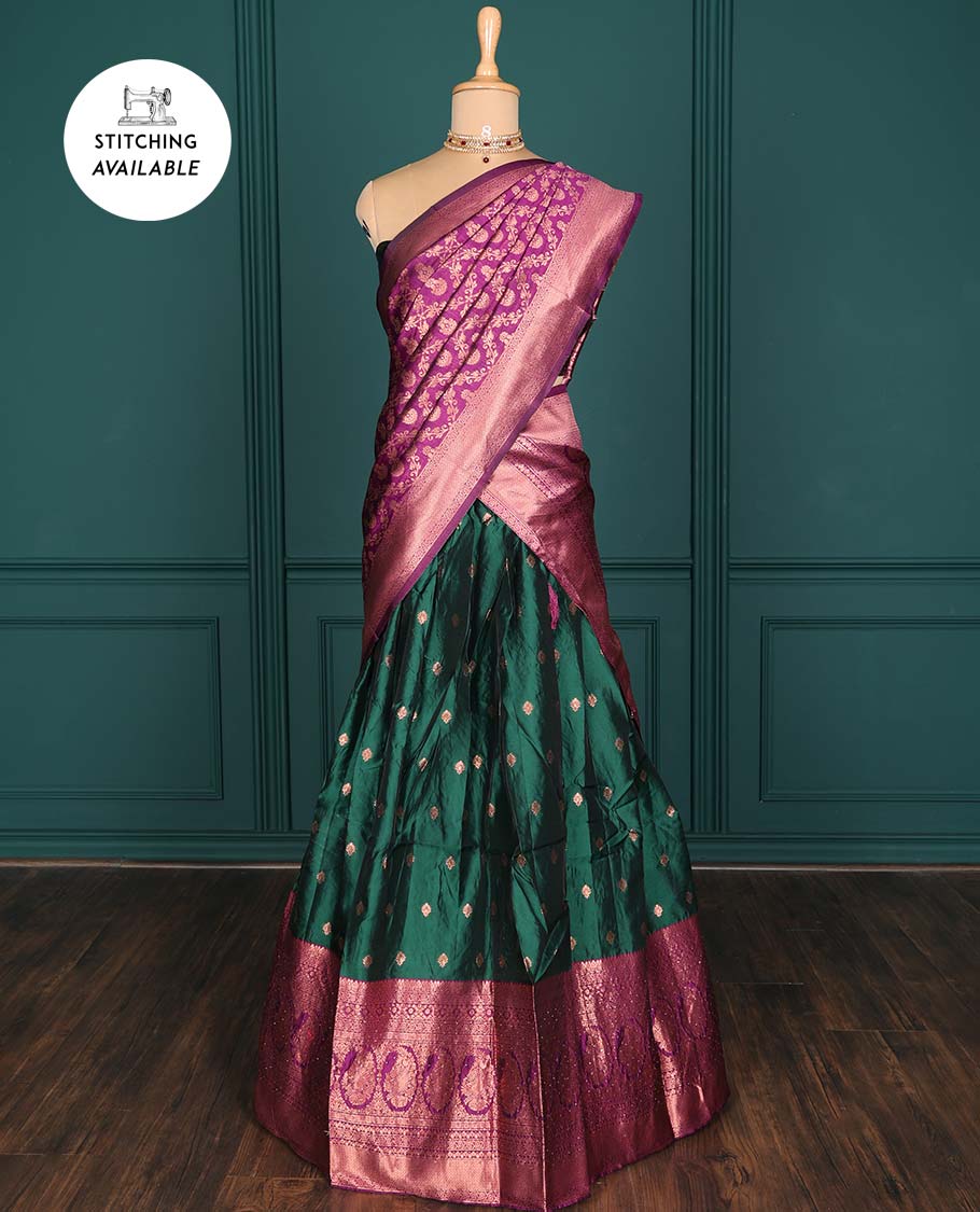 Purple zari buttas artsilk halfsaree,contrast traditional design stonework border, blouse & dhavani of jaal designs