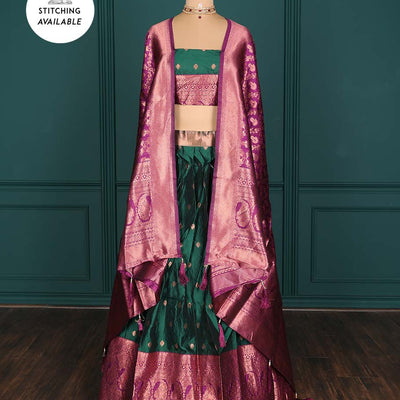 Purple zari buttas artsilk halfsaree,contrast traditional design stonework border, blouse & dhavani of jaal designs