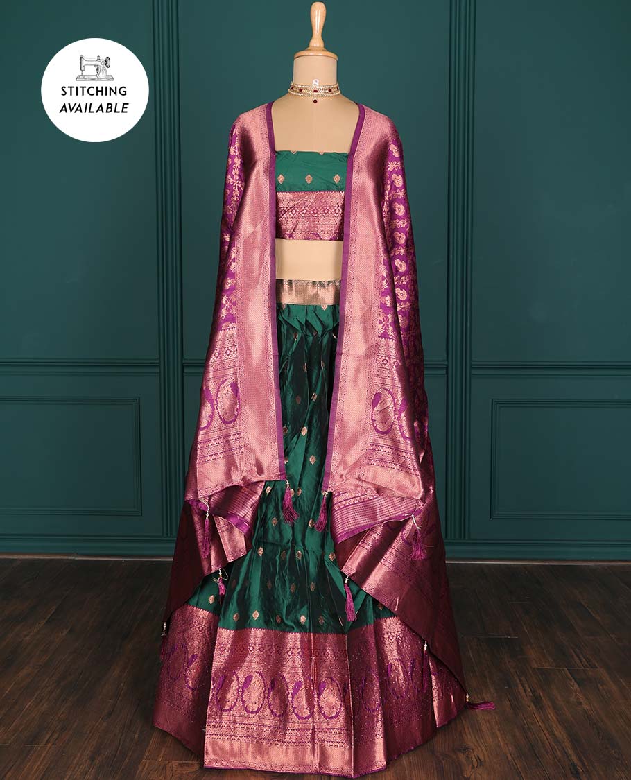 Purple zari buttas artsilk halfsaree,contrast traditional design stonework border, blouse & dhavani of jaal designs