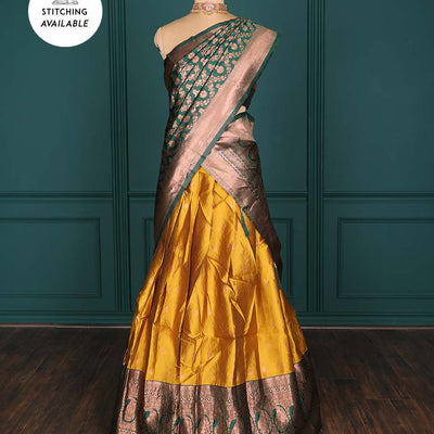 Purple zari buttas artsilk halfsaree,contrast traditional design stonework border, blouse & dhavani of jaal designs