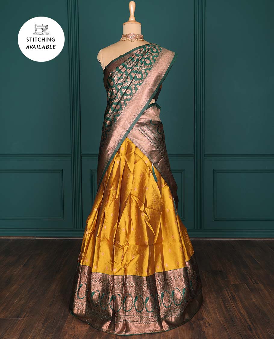 Purple zari buttas artsilk halfsaree,contrast traditional design stonework border, blouse & dhavani of jaal designs