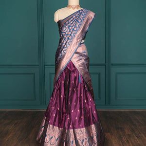 Purple zari buttas artsilk halfsaree,contrast traditional design stonework border, blouse & dhavani of jaal designs