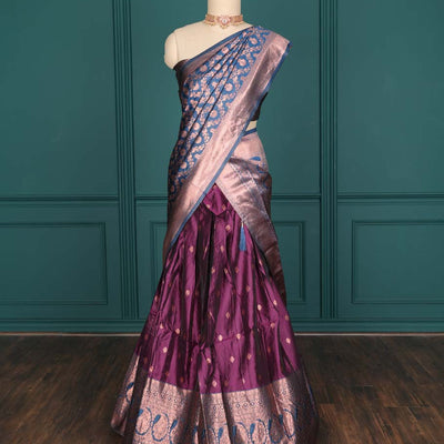Purple zari buttas artsilk halfsaree,contrast traditional design stonework border, blouse & dhavani of jaal designs