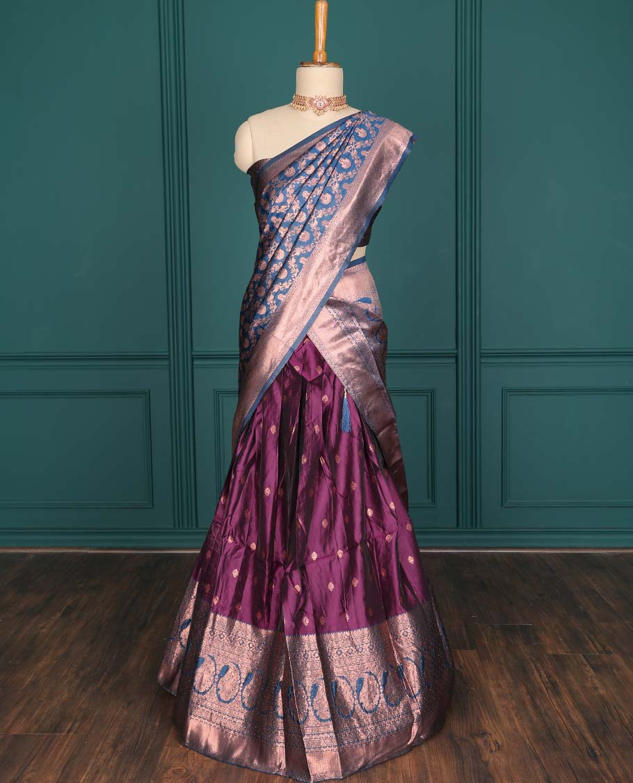 Purple zari buttas artsilk halfsaree,contrast traditional design stonework border, blouse & dhavani of jaal designs