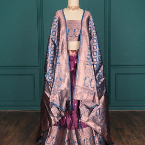 Purple zari buttas artsilk halfsaree,contrast traditional design stonework border, blouse & dhavani of jaal designs