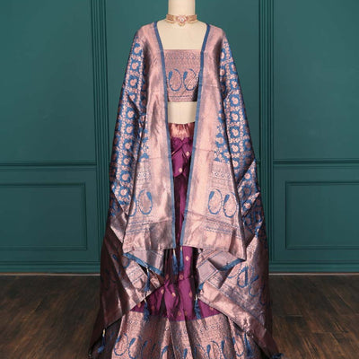 Purple zari buttas artsilk halfsaree,contrast traditional design stonework border, blouse & dhavani of jaal designs