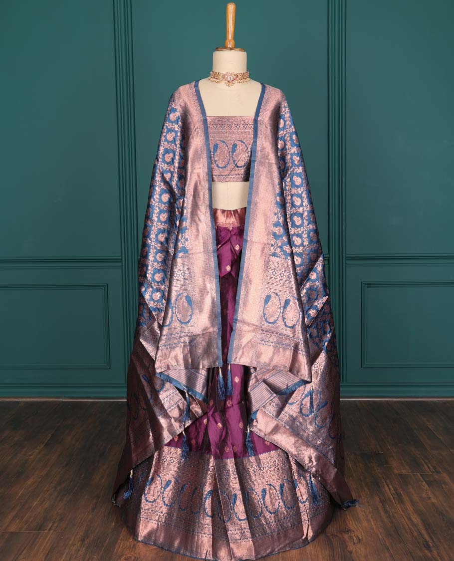 Purple zari buttas artsilk halfsaree,contrast traditional design stonework border, blouse & dhavani of jaal designs