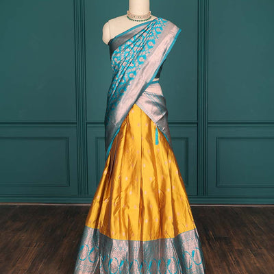 Purple zari buttas artsilk halfsaree,contrast traditional design stonework border, blouse & dhavani of jaal designs
