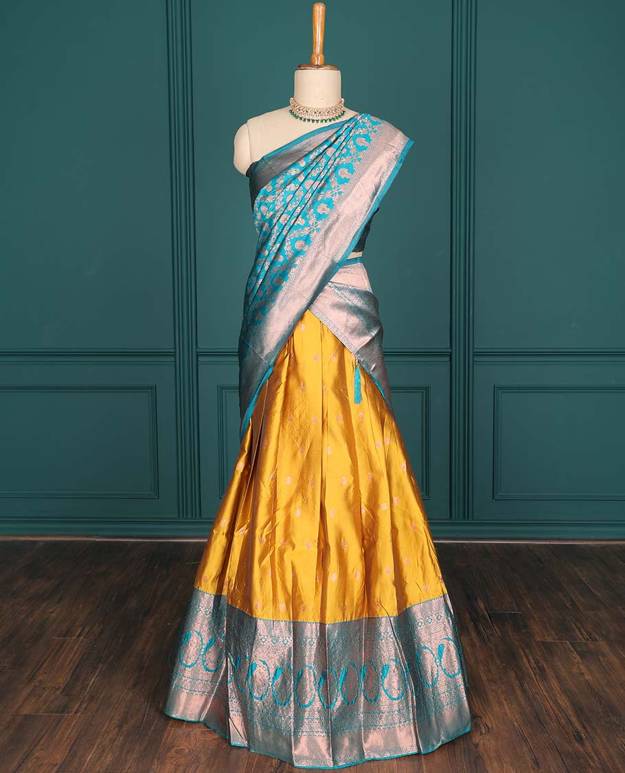 Purple zari buttas artsilk halfsaree,contrast traditional design stonework border, blouse & dhavani of jaal designs