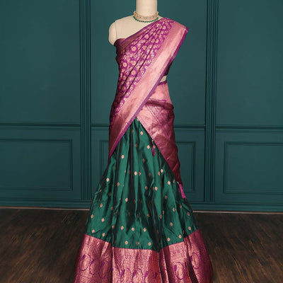 Purple zari buttas artsilk halfsaree,contrast traditional design stonework border, blouse & dhavani of jaal designs