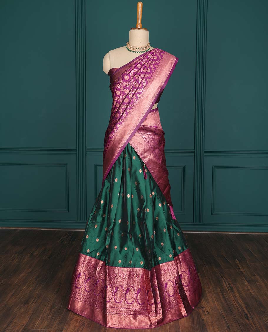 Purple zari buttas artsilk halfsaree,contrast traditional design stonework border, blouse & dhavani of jaal designs