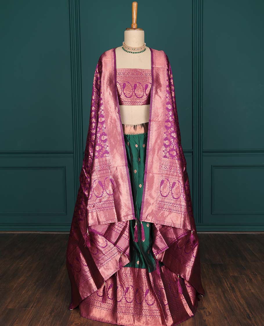 Purple zari buttas artsilk halfsaree,contrast traditional design stonework border, blouse & dhavani of jaal designs