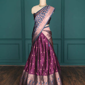 Purple zari buttas artsilk halfsaree,contrast traditional design stonework border, blouse & dhavani of jaal designs