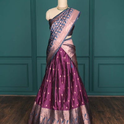 Purple zari buttas artsilk halfsaree,contrast traditional design stonework border, blouse & dhavani of jaal designs