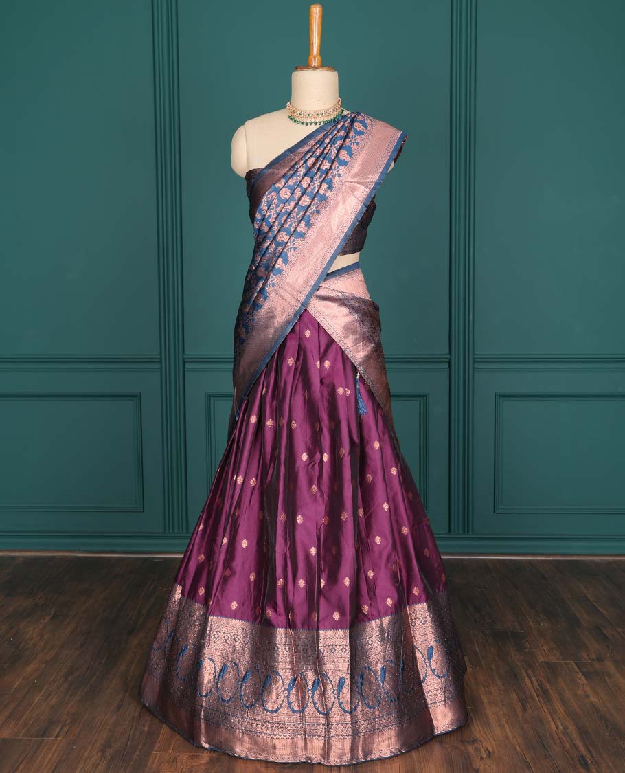 Purple zari buttas artsilk halfsaree,contrast traditional design stonework border, blouse & dhavani of jaal designs