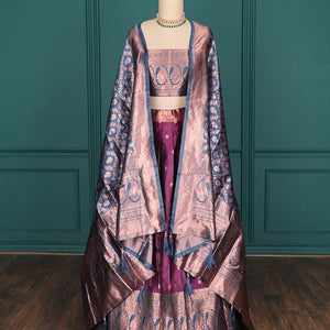 Purple zari buttas artsilk halfsaree,contrast traditional design stonework border, blouse & dhavani of jaal designs