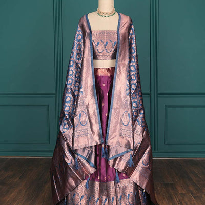 Purple zari buttas artsilk halfsaree,contrast traditional design stonework border, blouse & dhavani of jaal designs